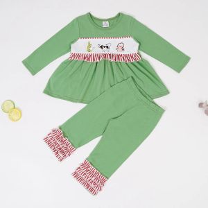 Trousers 2pcs Baby Girls Clothes Pure Cotton Outfits Farm Embroidery Floral Pattern Long Pants Children Boutique Clothing