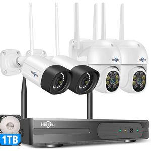 Hiseeu 5MP Беспроводная система наружных камер безопасности с камерами PTZ Bullet, водонепроницаемым IP66, ночным видением, оповещением движения, 1 ТБ, Wi -Fi - нет ежемесячных сборов