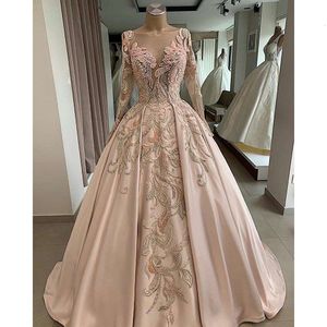 Exquisite Beading Pearls Prom with Appliques Fashion V-neck Long Sleeves Floor Length Ball Gowns Chic Party Evening Dress