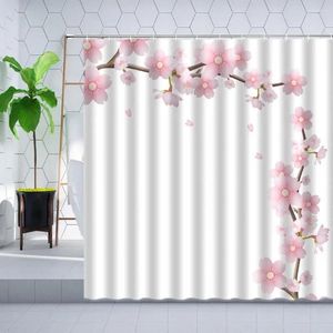 Duş Perdeleri Pembe Çiçek Perde Seti Kiraz Çiçeği Şeftali Düşen Petal Beyaz Arka Plan Kız Banyo Deco Polyester