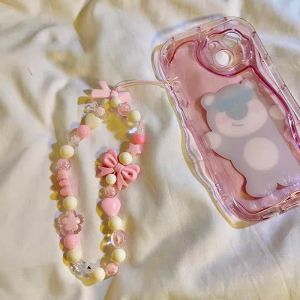 Bowknot Beaded Mobile Phone Chain Charm Acrylic Heart Beaded Pendant Phone Hanging Lanyard Strap Women Girls Sweet Accessories