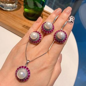 Orecchini di collana impostati 925 Sterling Sterling Sterling 12mm Colore bianco perle Ruby Gemstone Ring a sospensione Women Wedding Jewelry