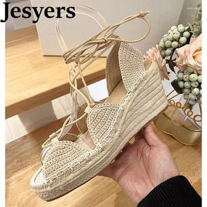 Summer Open Sandals Toe Knitted Hollow Out Cross Ankle Strap Women Slope Heels Versatile Roman Sandalias Daily Commuter Shoes