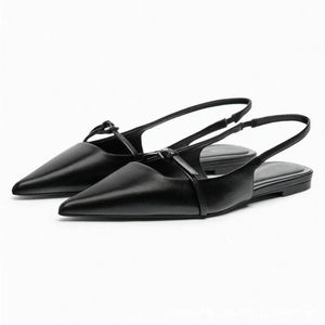 Slingback Flat Bottom Women Sandals Summer Black Leather Pointed Woman Ballet Shoes Mode Low-Heel Woman Shoes 240402