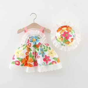 Girl's Dresses Summer Childrens Dress 2024 New Childrens Clothing Europe and The United States Lace Splicing Suspenders Girls Dress with Hat