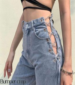 Bumpercrop Sexy Link Chain Boyfriend Jeans Women Hollow Out High Waisted Jeans Femme Denim Loose Ladies Pants Vintage Jean4256853