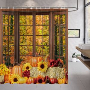 Träfönster utanför Autumn Landscape Shower Curtain Fall Maple Tree Pumpkin Sunflowers Thanksgiving Decor Fabric Bath Curtain