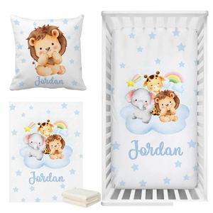 Bedding Sets Yziho Cute Safari Animals On Blue Stars Crib Sheet Set Custom Name Animal Baby Shower Gift 240328 Drop Delivery Kids Mate Otuhm