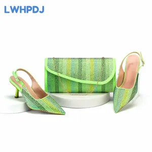 Klänningskor 2024 Lemon Green Color Fashionable High Heels Pointed Toe Ladies Matching Bag Set for Women Wedding Party