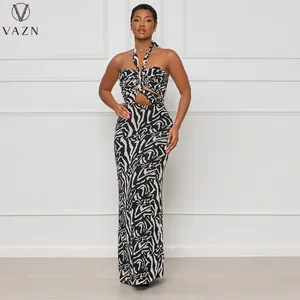 Casual Dresses VAZN 2024 Summer Young Sexy Beach Vacation Retro Print High-end Halter Off Shoulder Backless High Waist Women Long Pencil