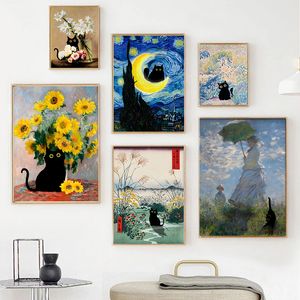 Famoso pintor mundialmente famoso de gato preto Monet van gogh gustav obra -mestre obra de arte canvas de papelão pintando artes de parede decoração de sala de casa