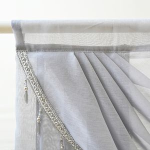 Light Gray Beaded Wavy Valance Curtain Simple Rod Pocket Top Linen Tulle Waterfall Curtain for Living Room Bay Window Drapes