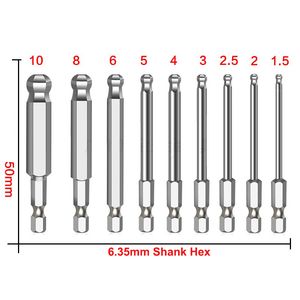 9st 50mm BALL END SCREWRIVER BITS METRIC Hex Bit Set Magnetic Allen Hex Key Screw Drive Bits