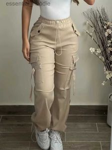 여성용 바지 Capris Womens Cargo Pants 2024 Spring Fashion Street Pocket Design Dstring Cuff Pants Womens Daily Casual Pants C240411