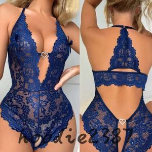 Kvinnors sömnkläder Kvinnor Sleepwear One Piece Stäng Passning Kläder Transparent spets Sexig V-ringning Backless Crotch Free Open Lingerie Mini Kort Nightdress