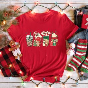 ホットココアチョコレートプリントグラフィックティーシャツメリークリスマスTシャツ女性トップ冬クリスマスカジュアルレッドTシャツ