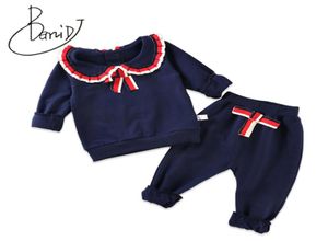 2019 New Cute Baby Girl Clothing Set Fashion Cotton Wear Long Sleeve Suit Kids Girl Folding lace 14Y Solid Pullover pants Sets T19141056