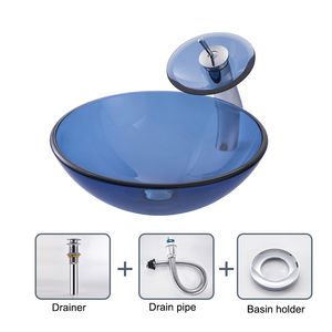 Badrum tvättfallglas diskbänk konstbassäng Blue Tempered Glass Basin Round Transparent tvättbassäng tvättstuga med kran