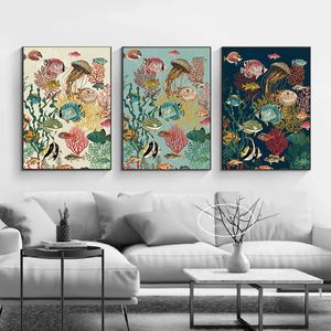Vintage Sea Life Seashells Blue Coral Seaweed Shell Crab Lobster Collections Poster Canvas Painting Wall Art Picture Home Decor