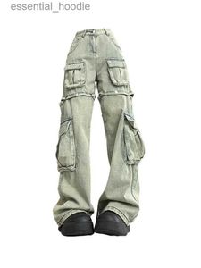 سراويل جينز للسيدات سراويل جيب متعددة البضائع غير الرسمية شارع الشوارع عالي الخصر سراويل مستقيمة القطن جينز جينز 2000s الجمالية الهيب هوب C240411