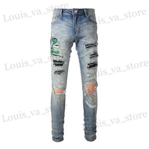 Mäns jeans män orm broderi jeans strtwear läder lapp stretch denim mager byxor hål rippade distribuerade pennbyxor t240411