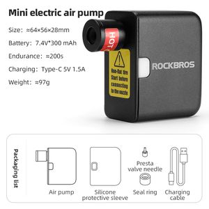 Rockbros Mini Electric Air Pump Portable 100PSI Type-C Caricamento per auto Pneumatico per pneumatici per motociclette per biciclette MTB Accessori per bici MTB