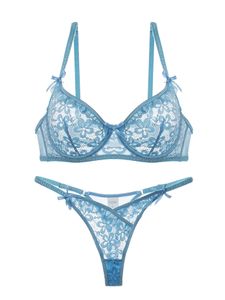 Sexy Ultra thin lingerie briefs blue lace large breasts show small bra set lingerie with thong women bra underwear set