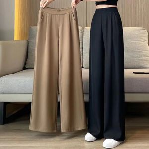 Women Wide Leg Pants with Pockets Solid Color Relaxed Fit Casual High Waist Straight Trousers Office Wear 240411