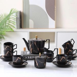 Teaware Sets Black Marble White Matte Ceramic Coffee Set Bone China Sugar Jug Pot Cup15pcs Coffeeware Saucer Milk Giftbox