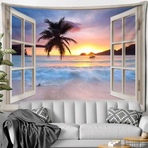 Sun Oubersies Beach Fuce Forest Forest Finestra dipinto A Tapestry Wall sospeso Boho Psychedelic Home Decor R0411 1 1