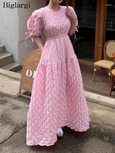 Party Dresses Summer Korean Style Long Pink Dress Women Elegant Fashion Puff Short Sleeve Ladies Loose Ruffle Pleated Woman