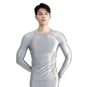 Women's Swimwear AMORESY Round Neck Tight Long Sleeve T-shirt For Men Gloss Compression Sports Fitness Spandex
