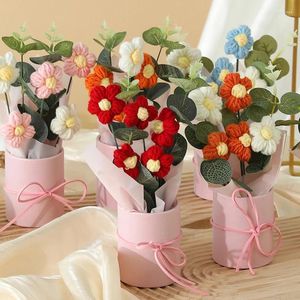 Decorative Flowers Crochet Bouquet Multi-Colour Knitted Diy Small Fresh Plush Sweet Packaging Handmade Puff Valentine'S Day Gift