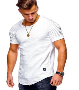 Short Sleeve Men T Shirt Pleated Shoulder Jacquard Striped Slim Fit Tshirt Men Longline Hem Hip Hop Tshirt Streetwear5600630