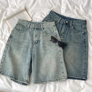 Retro de jeans shorts femininos de verão na cintura larga perna larga calça curta reta versátil casual half feminina streetwear 240411