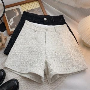 Women Casual Shorts Spring Solid High Waist Aline Tweed Korean Fashion Female Short Pants Vintage Wide Leg Trousers 240411
