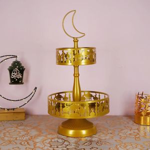 Metal Ramadan Sweets Bandeja Decoração de Ouro Muslim Eid Mubarak Bandeja Ramadan Kareem Decoração de mesa de sobremesas de luxo de luxo