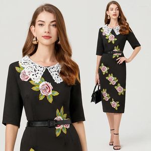 Casual Dresses spets lapel tung industri broderi blomma lyxklänning 2024 sommar kvinnor hög kvalitet tryckt kontorskläder F257