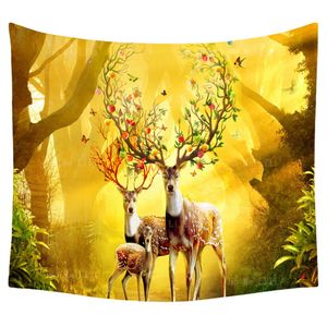 Tre hjortar och deras Mother Forest Animal Elk Sika geverblommande mystiska ljus magiska vägg hängande dekor tapestry