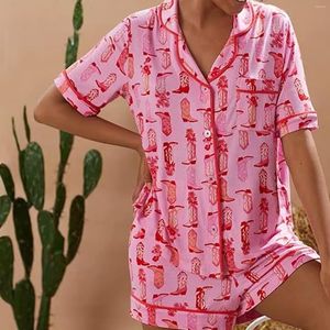 Hemkläder Hirigin Womens Lounge Set 2 Piece Pink Cowgirl Boots Silk Pyjamas Short Sleeve PJs Tops and Shorts Satin Pyjama Pants Set Set