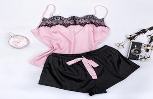 Nowy kwiatowy koronkowy Pink Cami Pajama Zestaw Women Black Short Set 2020 Summer Casual Nightwear Ladies Sexy Satin Sutwear5222565