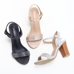 High Heeled Shoes With Sandals Women Rhinestones Thick Heels Black Apricot Silver EU36-42 GAI