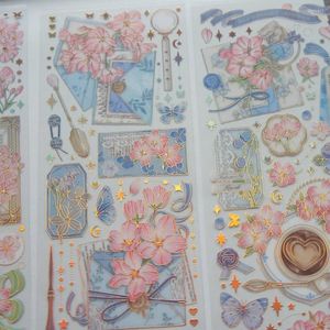 Wrap regalo 3 fogli Gold Season of Cherry Blossoms Blooming Design Pvc Sticker Tag Decoration Scrapbooking Fai da te