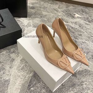 Button Valenstino Shoes Evening Pink Vbuckle New V High Heel Sandals Thin Pointed Shallow Shoes Mouth Matte Naken Single Ty59