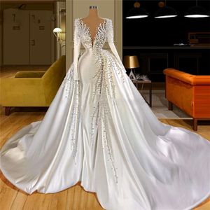 Жемчужные свадебные мода с длинными рукавами индивидуальные свадебные платья Съемные юбка v-образные грунтовые поезда платье невесты 2023
