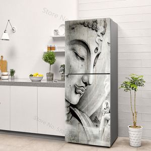 Buddha Art Vinyl Fridge Sticker Full Door Cover Self Adhesive Religious Kitchen Refrigerator Mural Sticker Freezer Wallpaper