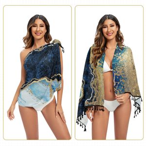 Blue Marble With Golden Veins Print Bikini Bathing Suit Wrap Skirt Summer Sexy Women Swimwear Pareo Scarf Sarong Beach Cover Up