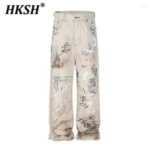 Jeans masculinos HKSH Tide Punk High Street de grafite pintado à mão usada de jeans de jeans de ajuste solto e desgastado HK0564