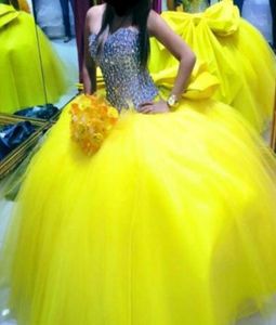 Vestido de bola amarelo sexy vestidos quinceanera vestidos de luxo cristal sweetheart coreset tulle tulle big arco 2019 plus size sweet 16 estreantes 6375616