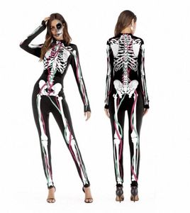 2018 Nuove tute da cosplay di Halloween per donne Skeleton Pattern Costumes Halloween Party Skinight Stampato Bodie a maniche lunghe 9602105